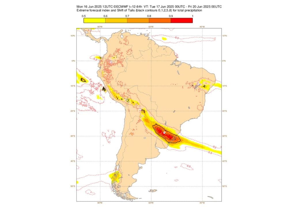 EFI para a precipitação entre terça (17) e quinta-feira (19) dispara sobre o Rio Grande do Sul. Créditos: ECMWF. EFI para a precipitação entre terça (17) e quinta-feira (19) dispara sobre o Rio Grande do Sul. Créditos: ECMWF.